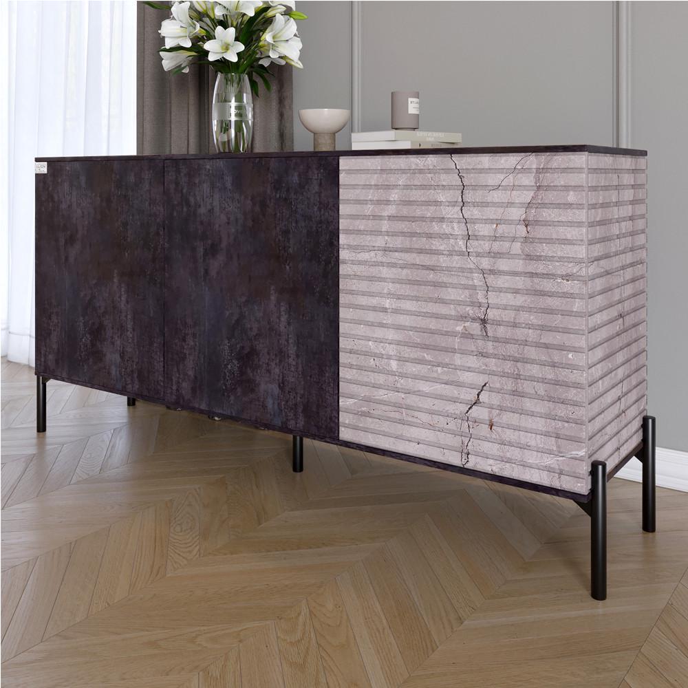Комод закрытый в гостиную на черных металлических ножках Lion Грей 154x38x76,5 см Бетон темный/Камень (Lion-041790)