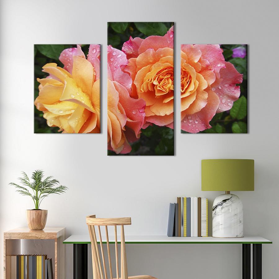 Картина на холсте триптих Роскошные жёлто-розовые розы 96x60 см (847-32)