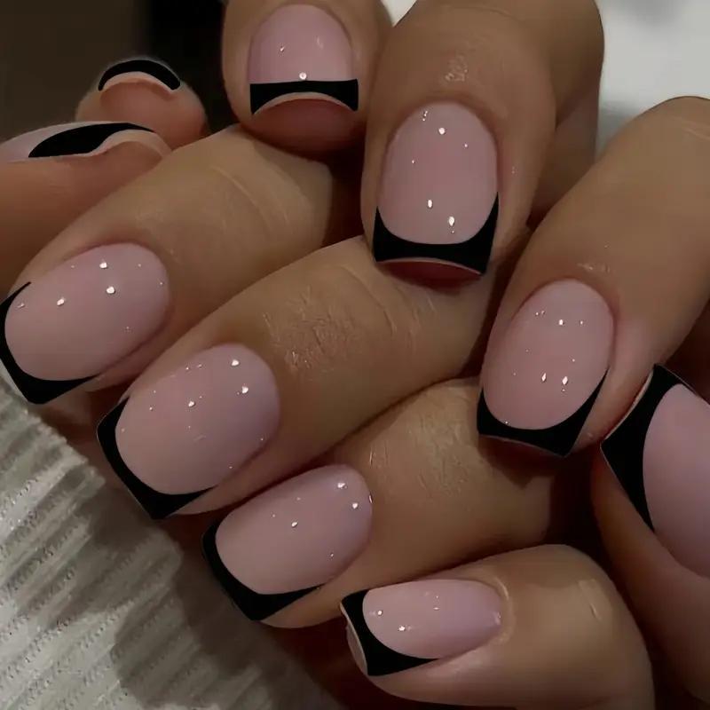 Накладні нігті Френч короткий квадрат з клейовими пластинами 24 шт. Чорний з бежевим (2689612578) - фото 2 Накладні нігті Френч короткий квадрат з клейовими пластинами 24 шт. Чорний з бежевим (2689612578) - фото 2