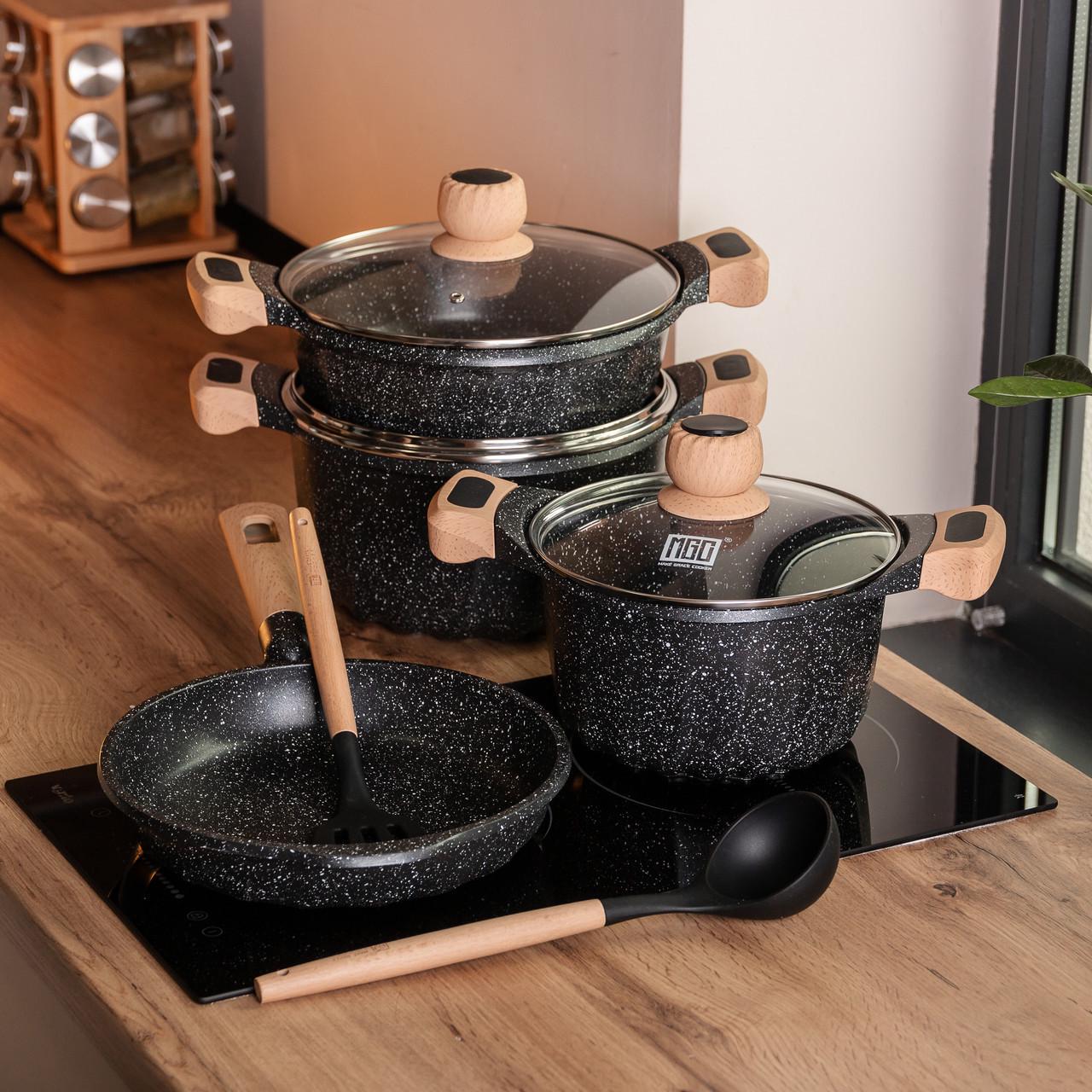 Набор посуды MGC кастрюли 3 шт./лопатка/половник Черный - фото 6