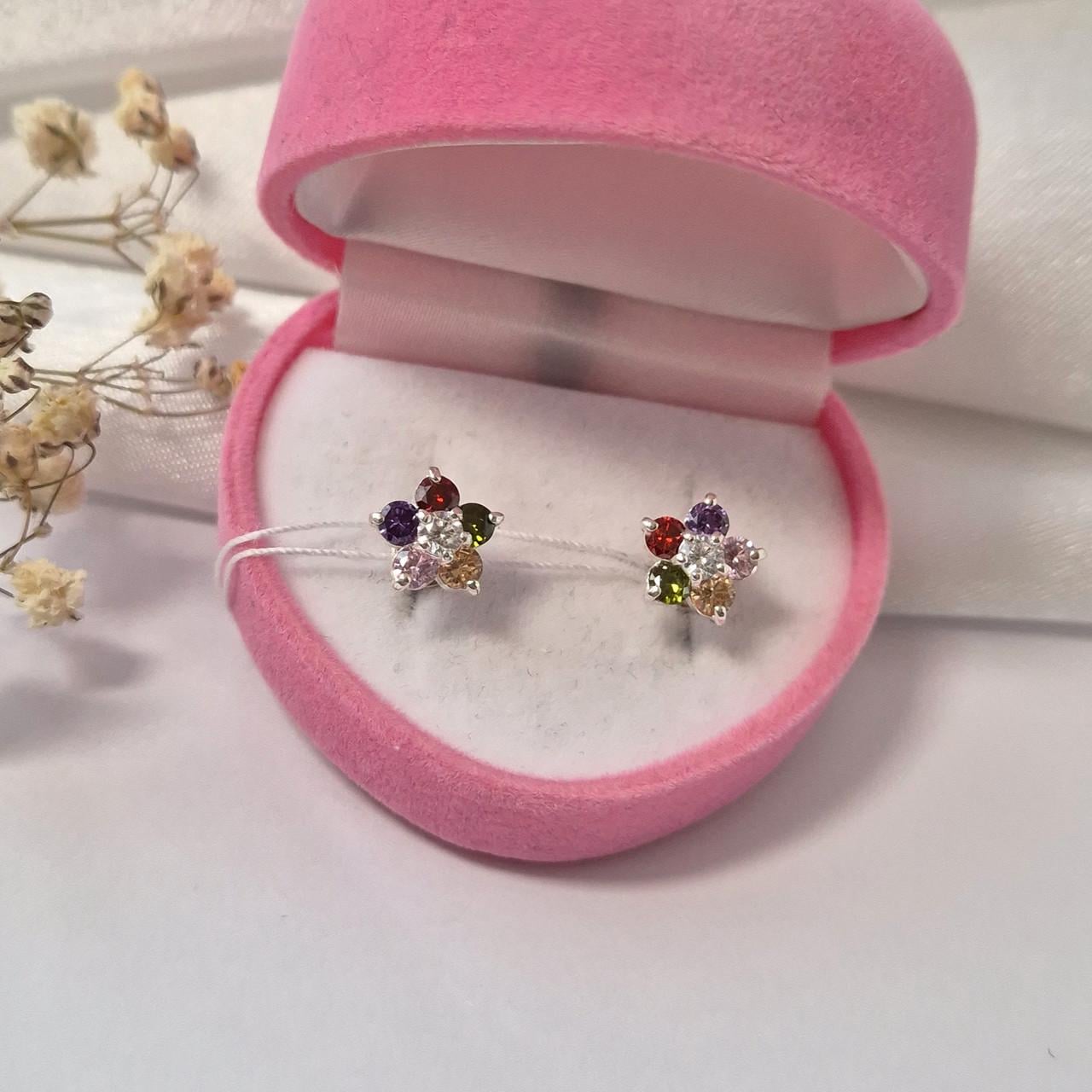 Серьги гвоздики малинка с разноцветными камнями серебро 925 пробы 2,32 г (2129)