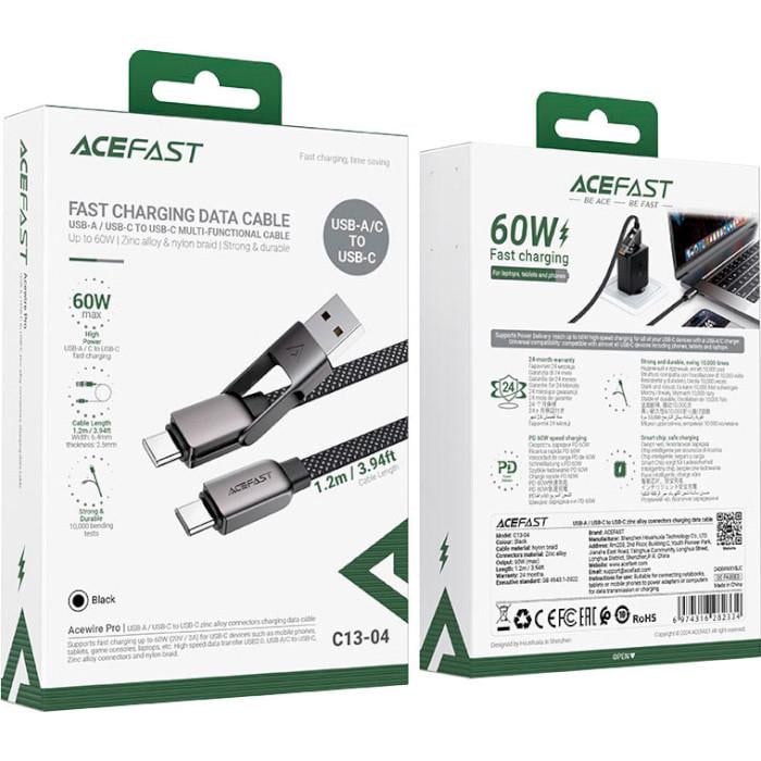 Кабель Acefast C13-04 USB 2.0 USB-A/USB-C to USB-C 1,2 м 60W 3A Black (6974316282334) - фото 5 Кабель Acefast C13-04 USB 2.0 USB-A/USB-C to USB-C 1,2 м 60W 3A Black (6974316282334) - фото 5