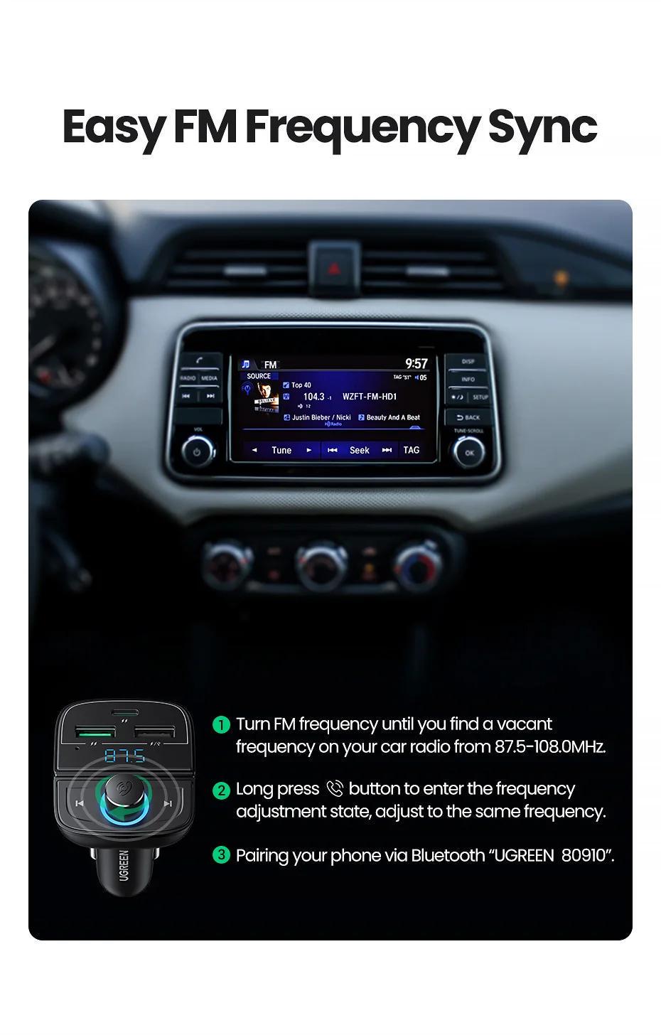 Адаптер UGREEN Bluetooth 5.0 FM-передатчик радио 2x Type-C/1x USB-A QC/PD 3.0 Hand-Free Черный (80910) - фото 10