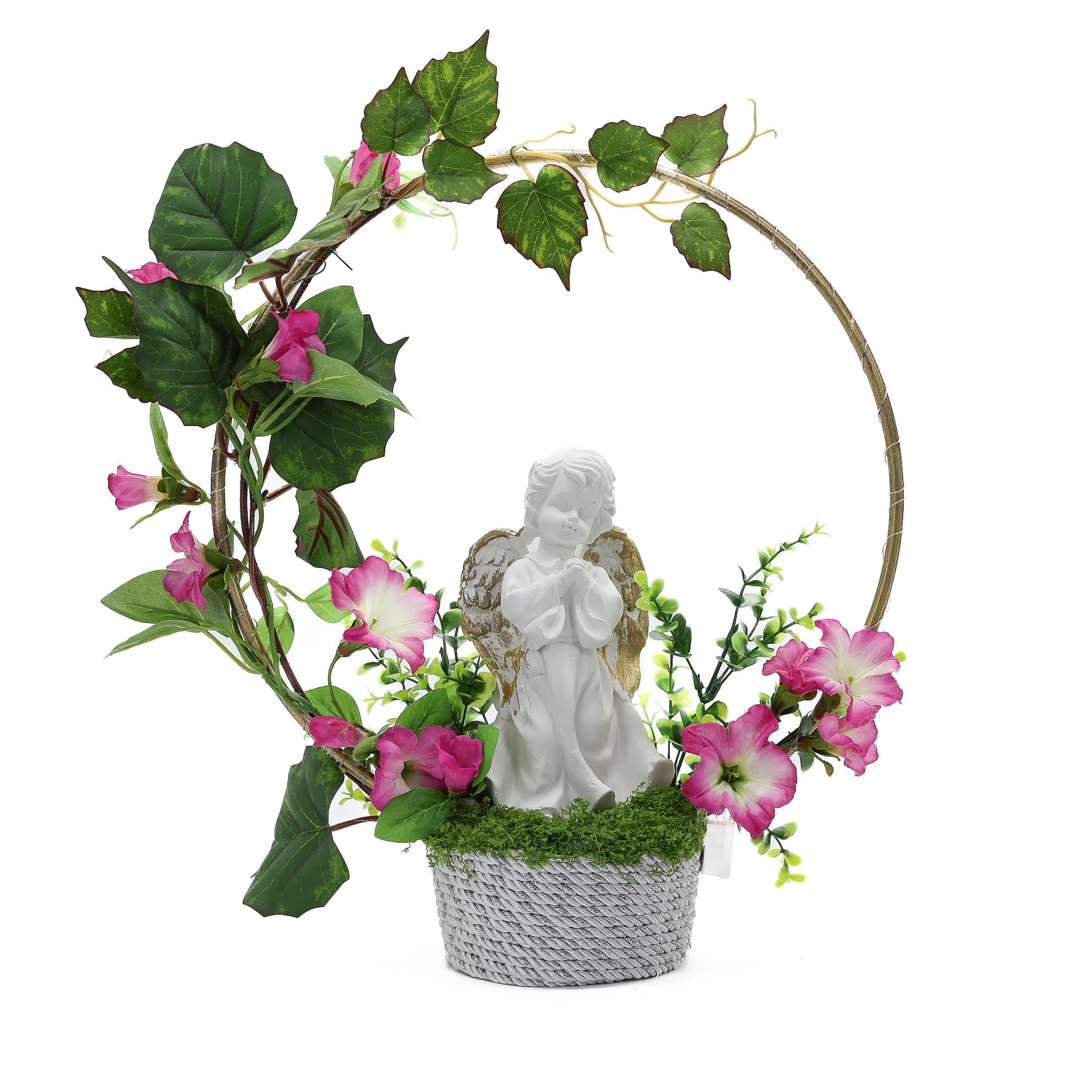 Композиция GALA DECOR из искусственных орхидей и гипсового ангела в металлическом ободе с подсветкой (КА3530С)