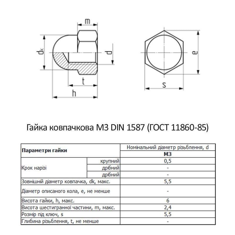 Гайка колпачковая Metalvis М3 DIN1587 нержавеющая сталь шаг 0,5 под ключ 5,5 мм 250 шт. (N6KL0000N6KL030000) - фото 2