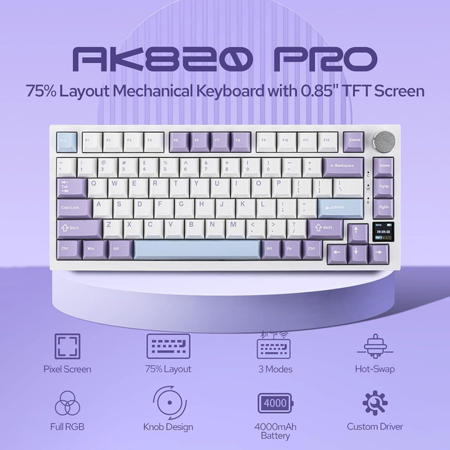Клавиатура беспроводная AJAZZ AK820 PRO 75% Gift Switch Purple (2000159) - фото 2 Клавиатура беспроводная AJAZZ AK820 PRO 75% Gift Switch Purple (2000159) - фото 2