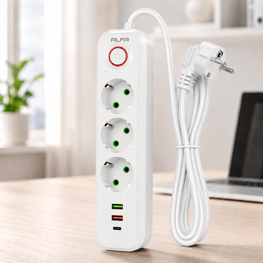 Сетевой фильтр на 3 розетки 3 м 2 USB+1 Type-C с кнопкой Белый