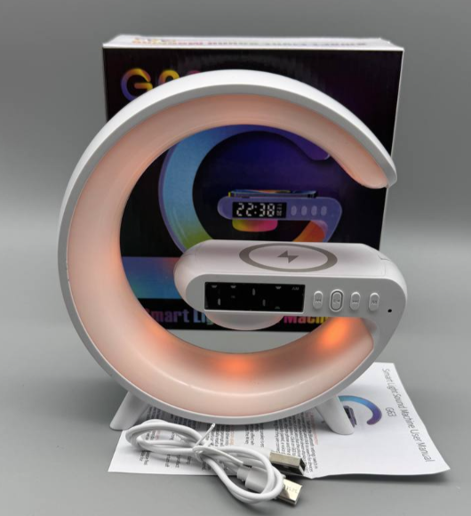 Ночник аккумуляторный G63 RGB с часами/беспроводной зарядкой и Bluetooth колонкой (RGB G63)