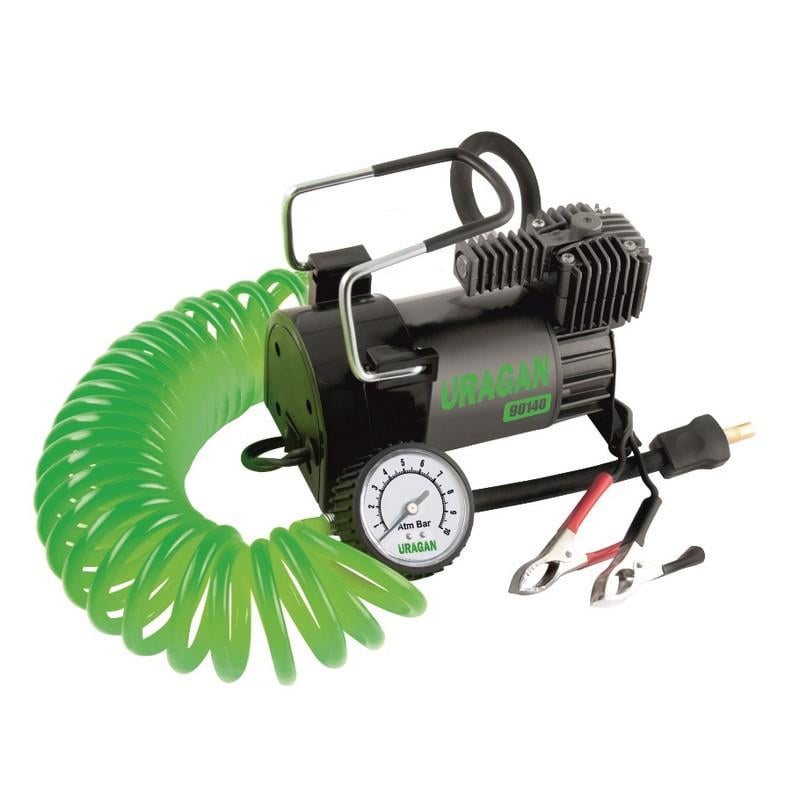 Компрессор автомобильный Uragan 40 л/мин 12 В одноцилиндровый на зажимы аккумулятора с манометром и чехлом для колес R13-R18 (90140) - фото 2 Компрессор автомобильный Uragan 40 л/мин 12 В одноцилиндровый на зажимы аккумулятора с манометром и чехлом для колес R13-R18 (90140) - фото 2