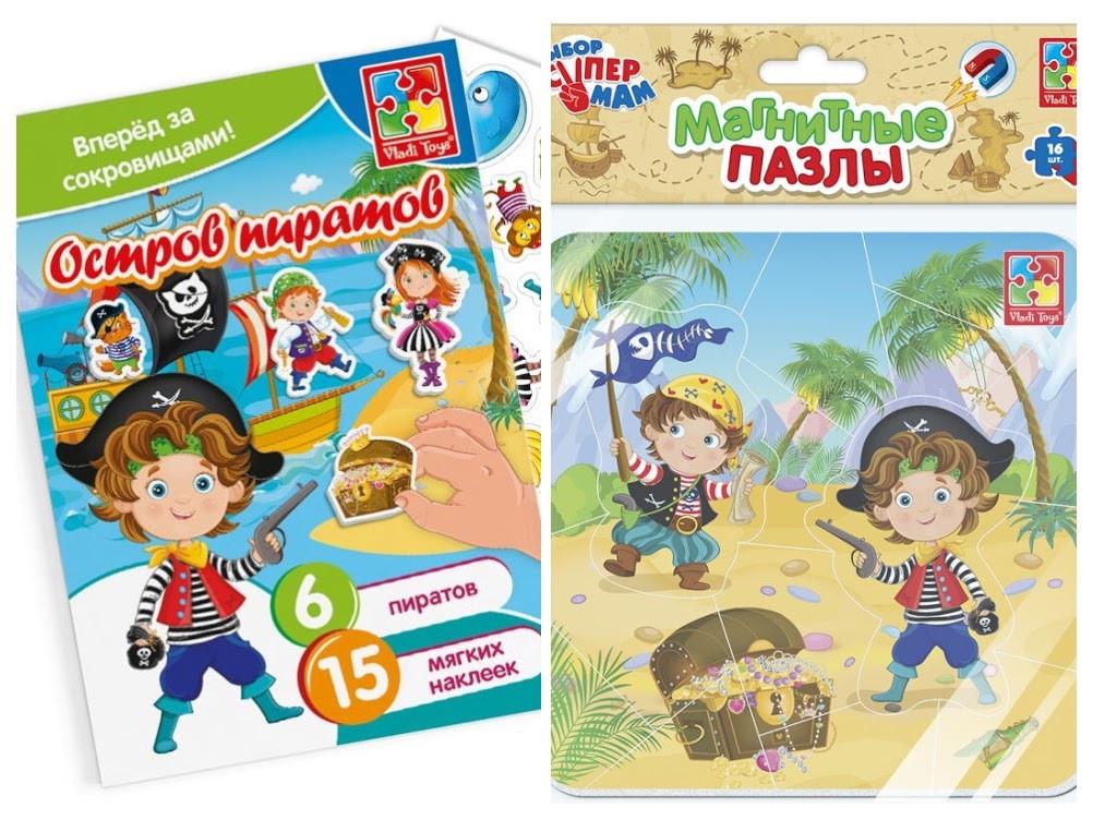 Комплект ігор Vladi Toys М'які наклейки VT4206-34 та магнітні пазли-мозаїка Острів піратів (VT3204-09)