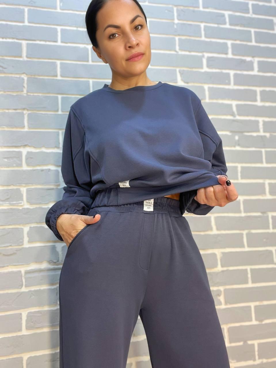 Костюм женский CREP 82287 бифлекс свитшот и брюки палаццо M Графитовый (1613) - фото 7