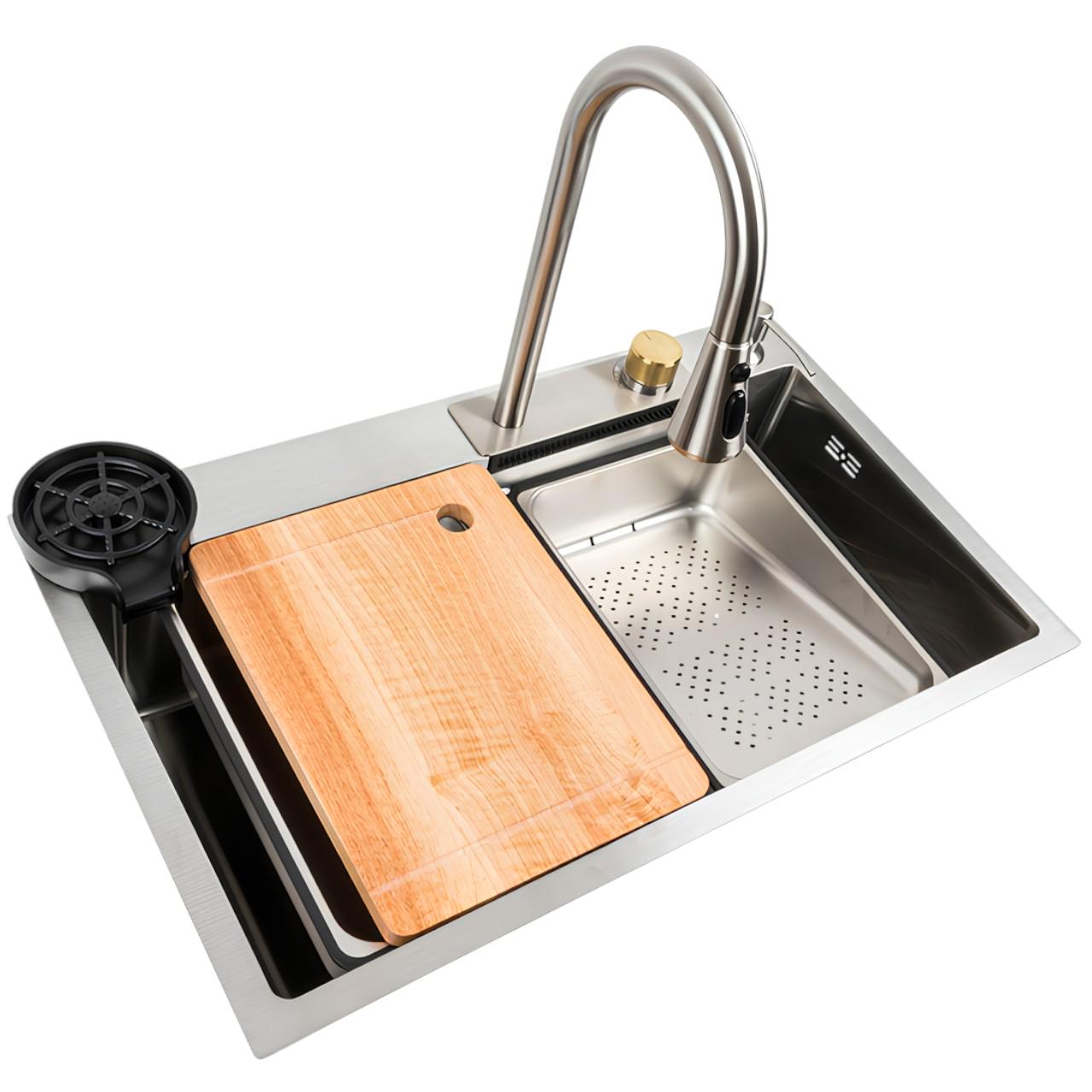 Мойка прямоугольная Platinum 75х45B PVD Водопад из нержавеющей стали с ринзером для стаканов Сатин (є258) Мойка прямоугольная Platinum 75х45B PVD Водопад из нержавеющей стали с ринзером для стаканов Сатин (є258)