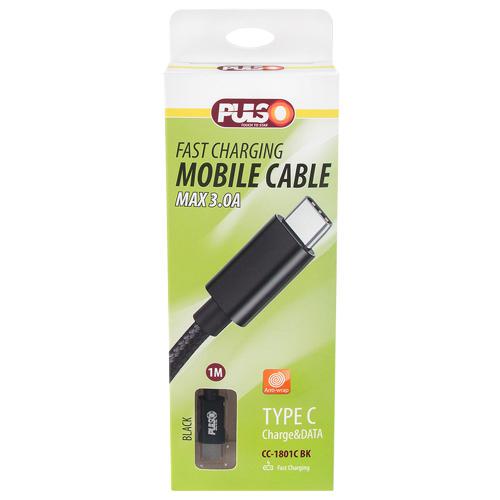 Кабель PULSO USB-Type C 3 А 1 м быстрая зарядка и передача данных Black (CC-1801C BK)