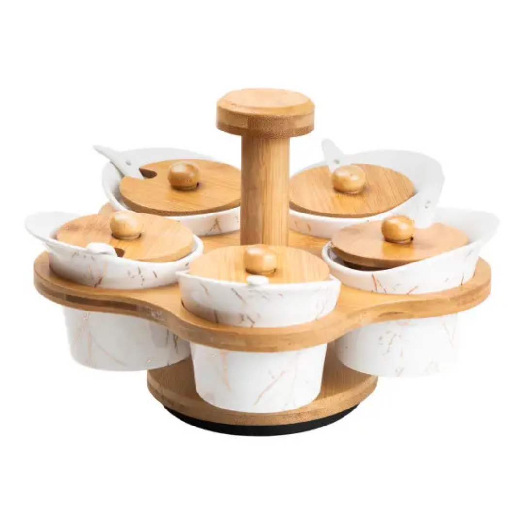 Набор баночек для сыпучих продуктов на вращающейся подставке 5 шт. по 120 мл Белый мрамор Набор баночек для сыпучих продуктов на вращающейся подставке 5 шт. по 120 мл Белый мрамор