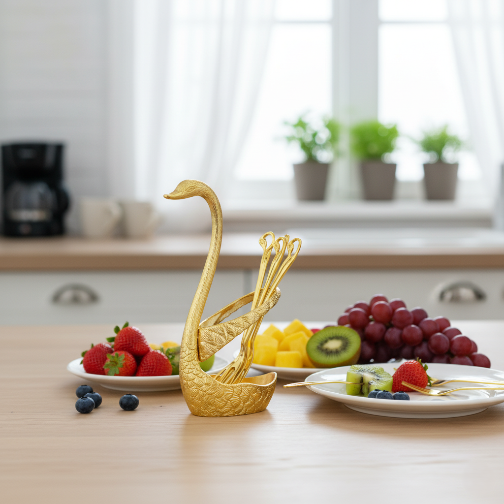 Набор десертных вилок Sakura Swan с подставкой 6 шт. Gold (30357721) - фото 2 Набор десертных вилок Sakura Swan с подставкой 6 шт. Gold (30357721) - фото 2