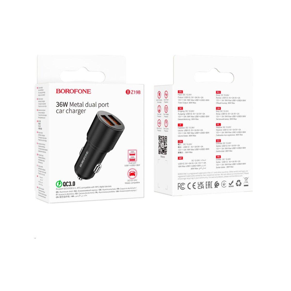 Зарядное устройство для прикуривателя Borofone BZ19B Wisdom 36W dual port QC3,0 Black (601884) - фото 3