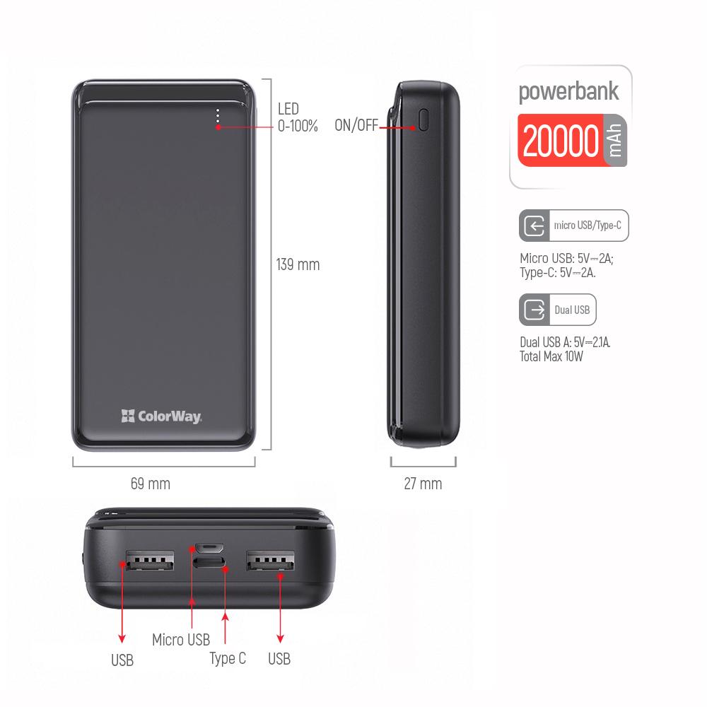 Повербанк ColorWay Slim 20000 mAh Black (CW-PB200LPD2BK) - фото 3