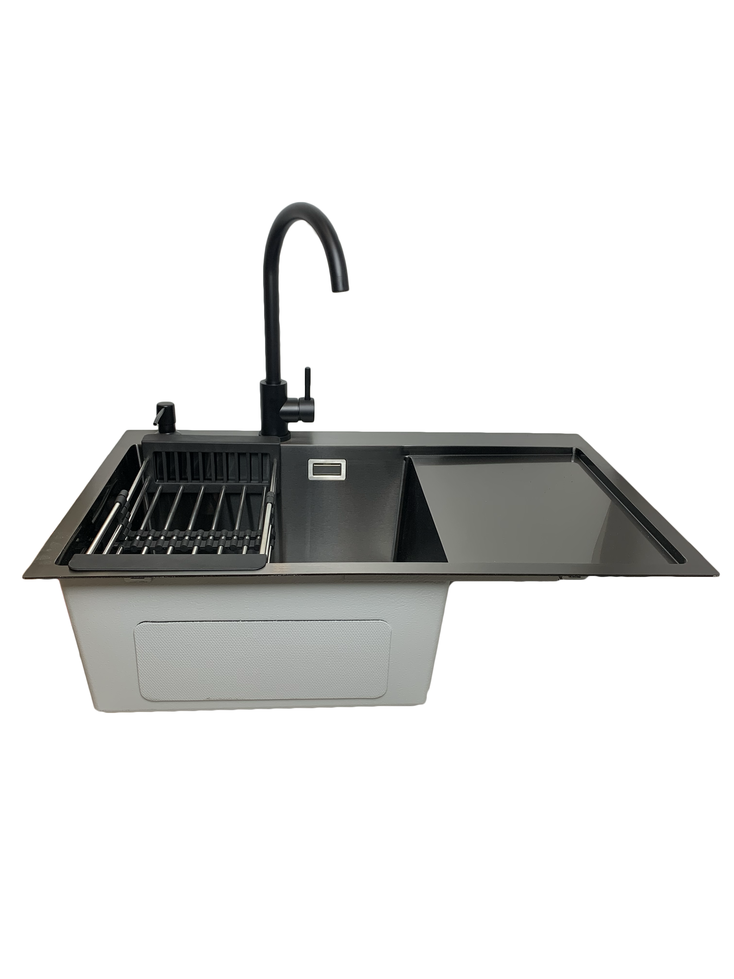 Мойка для кухни Platinum Handmade 78x50 см чаша слева с PVD поверхностью + смеситель/дозатор Черный (0f1f4208) Мойка для кухни Platinum Handmade 78x50 см чаша слева с PVD поверхностью + смеситель/дозатор Черный (0f1f4208)