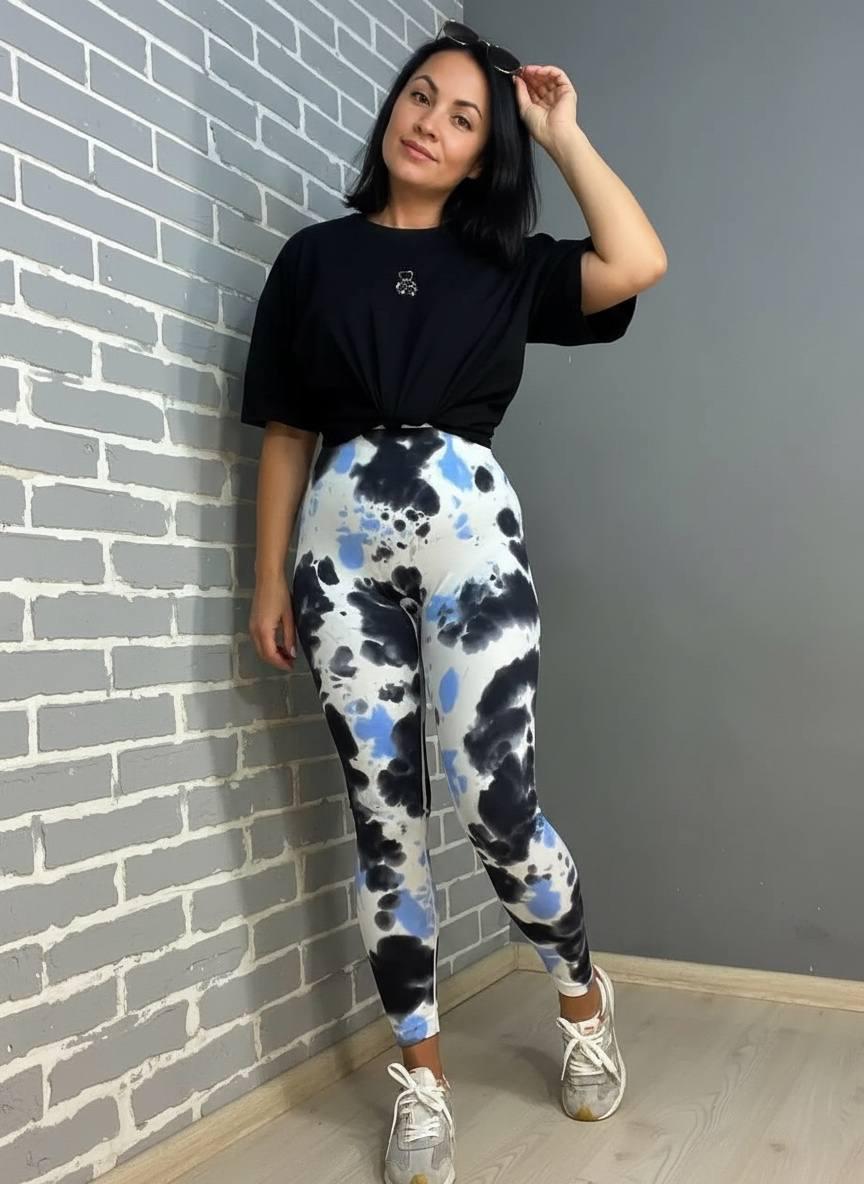 Лосины женские A-N 1346 вареные тай дай пуш-ап L Голубой с черным (2403)