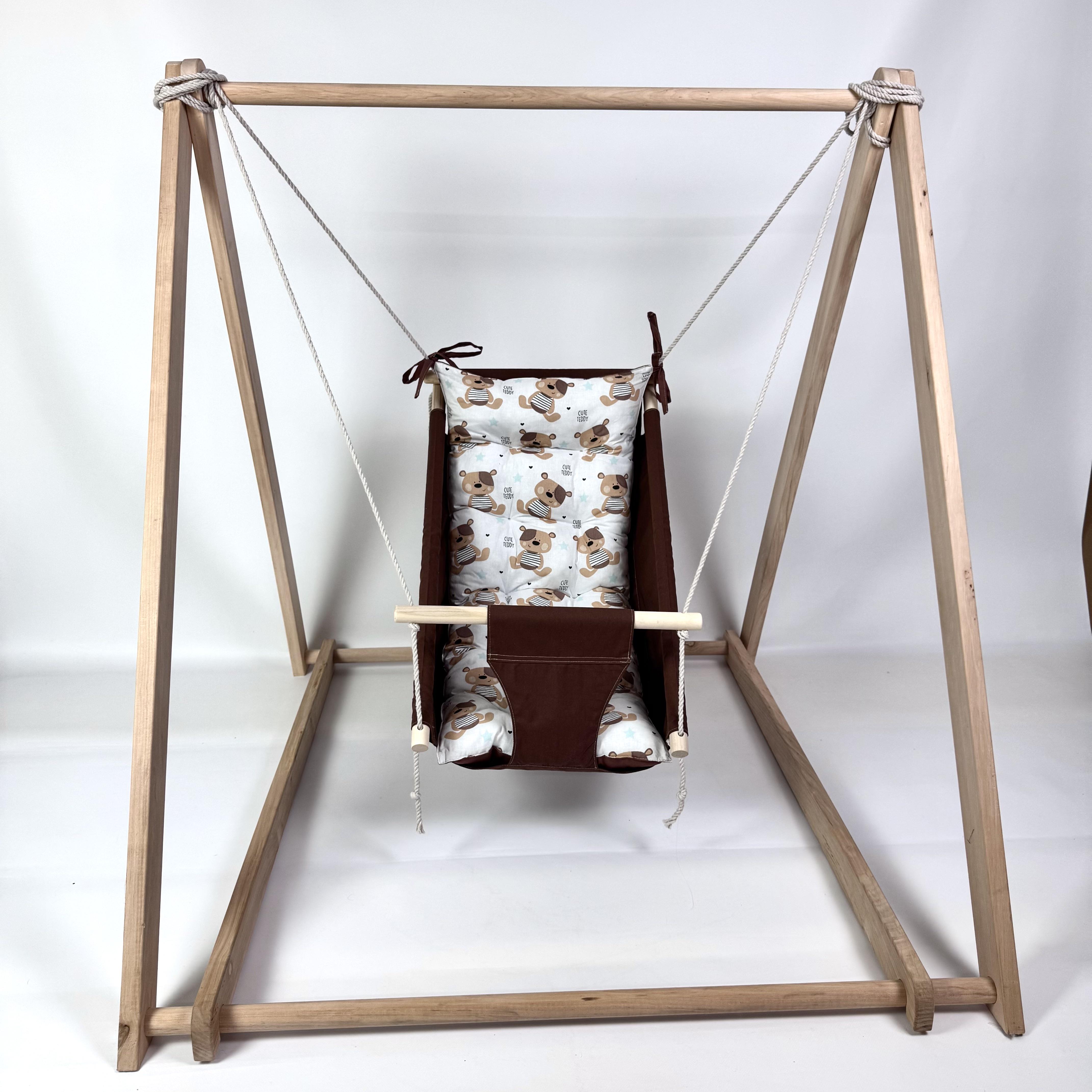 Комплект Деревянная опора и Колыханка хлопок с мишками Коричневый (gs-9028)