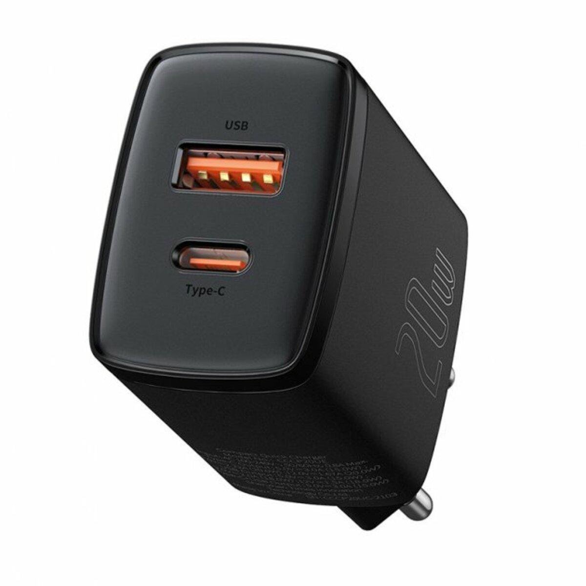 Зарядний пристрій Baseus 20W USB+Type-C Compact Quick Charger QC3.0+PD3.0 3A Black (CCXJ-B01)