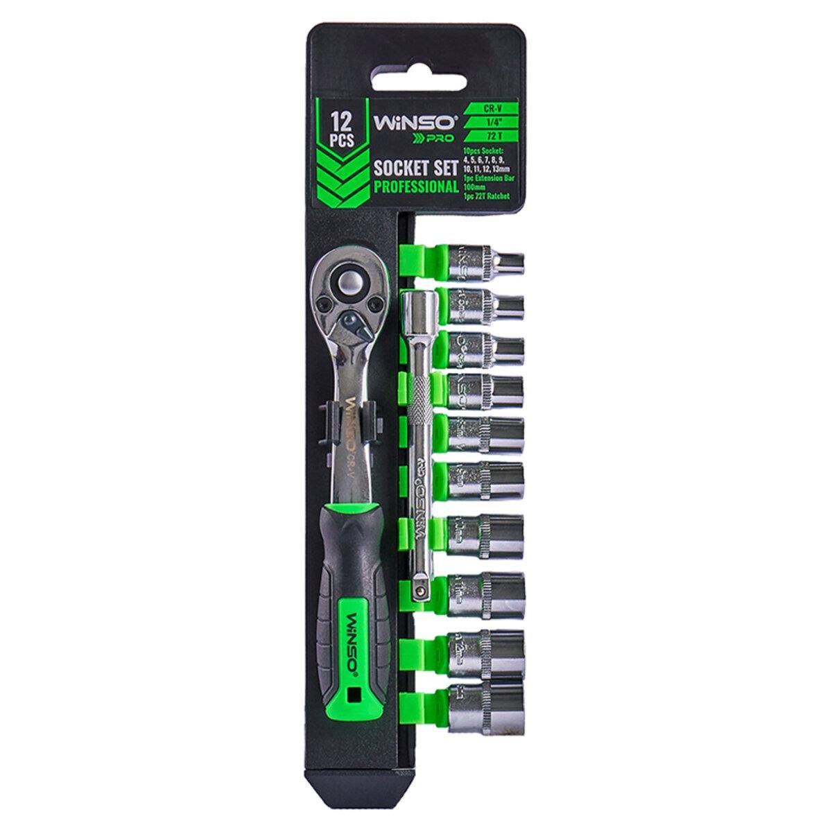 Профессиональный набор торцевых головок с трещоточкой и удлинителем Winso Pro 12 шт. CR-V 1/4" 72 Т 4-13 мм