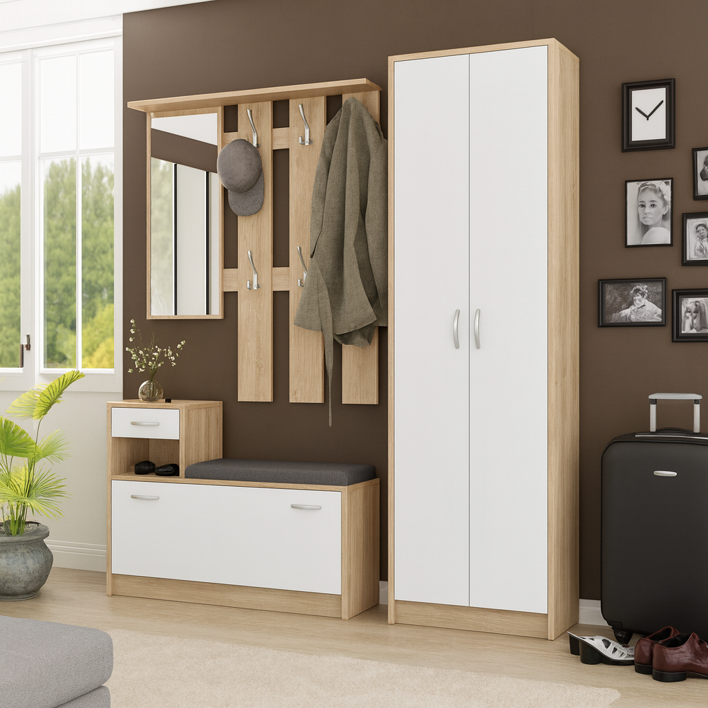 Прихожая Орион с шкафом за мягким сиденьем Mebel Service 155,1х27,5х191 см Дуб самоа/Белый (31269276)