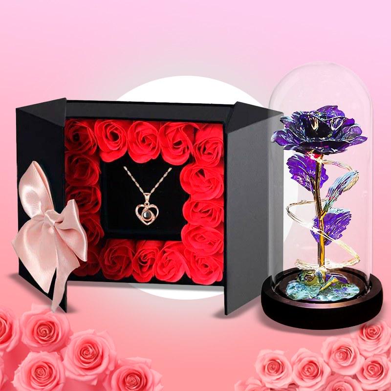 Набір подарунковий 16 троянд та кулон та галактична троянда в скляній колбі з LED підсвічуванням