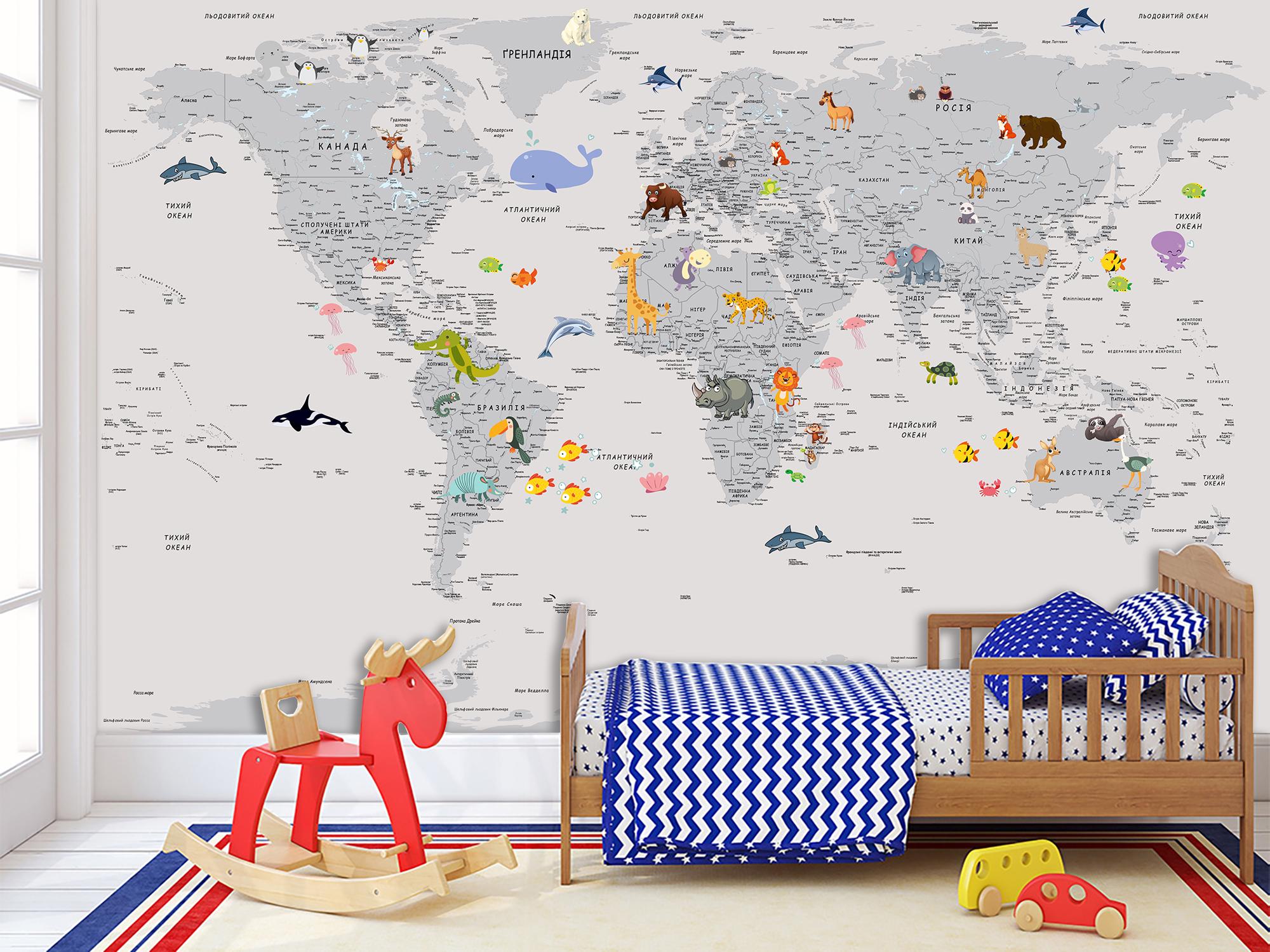 Фотошпалери флізелінові Upstream Дитяча мапа світу з смішними тваринами 180х120 см (WMK-017/2) - фото 8