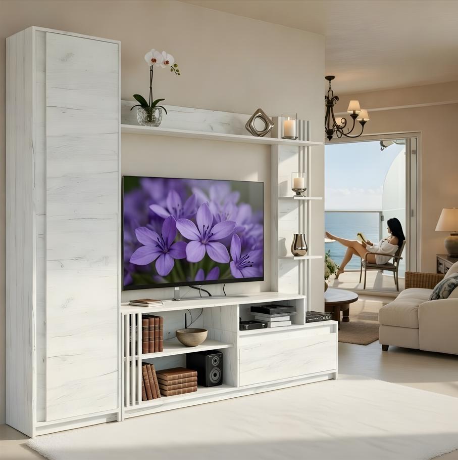 Стенка Мастер Форм для ТВ со шкафом Брайт левосторонняя 2220 мм Дуб крафт белый (20652)