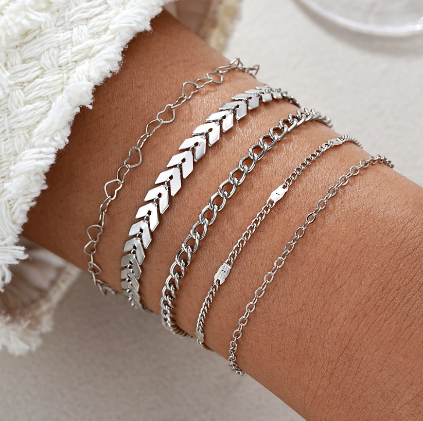 Набор браслетов-цепочек 5 шт. Серебристый