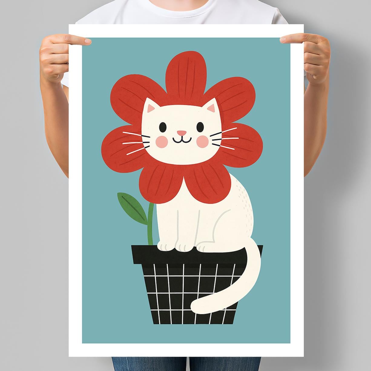 Постер Белый котик в цветочном горшке 42x60 см A2 без рамки (DYT066_A2)