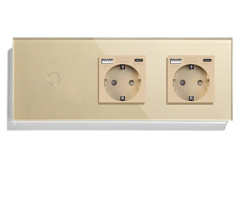 Выключатель умный LUXION проходной/сенсорный с двумя розетками USB A+C 20Вт с заземлением стекло Золотой