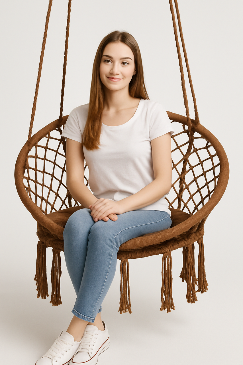 Кресло-качеля подвесное плетеное круглое WCG с мягкой подушкой 80 см Коричневий (QNSW01BR) - фото 2