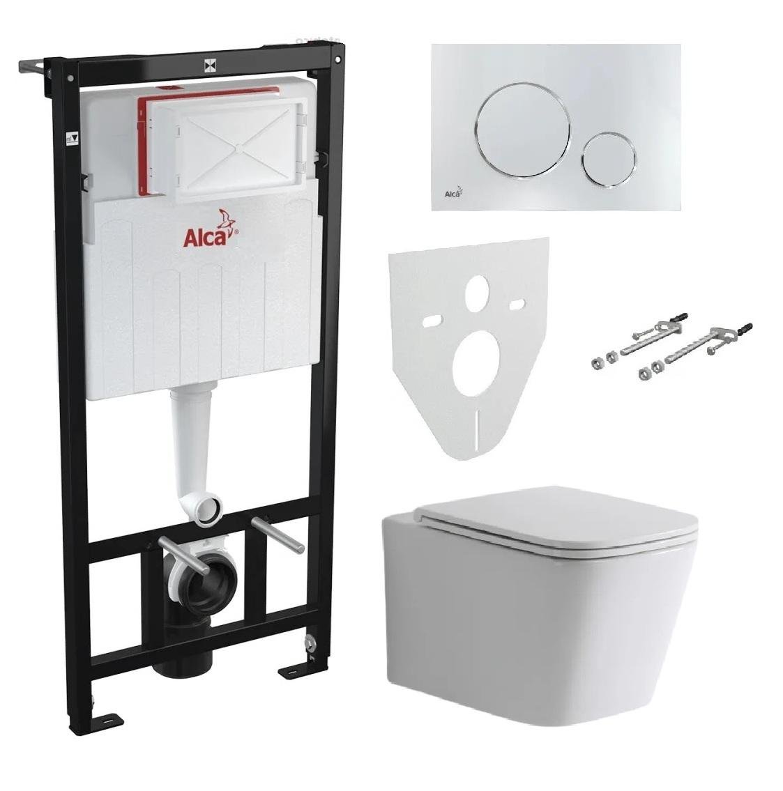Комплект установки Alcaplast AM101/1120 с круглой белой кнопкой и квадратным унитазом Venta Rimless (AV1011120)