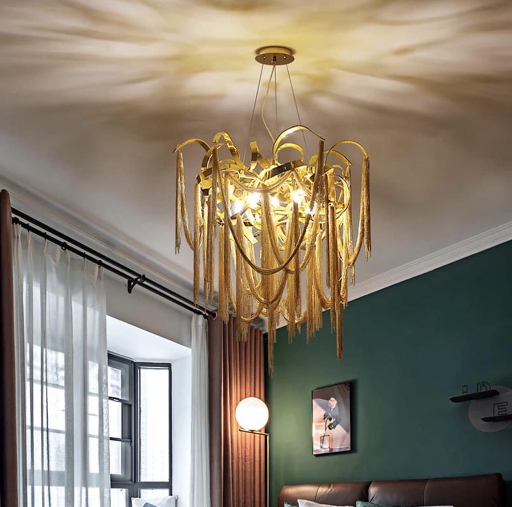 Люстра роскошная подвесная с подвесами в виде цепочек на 13 ламп (LF_MD 6011-L1200 GD)