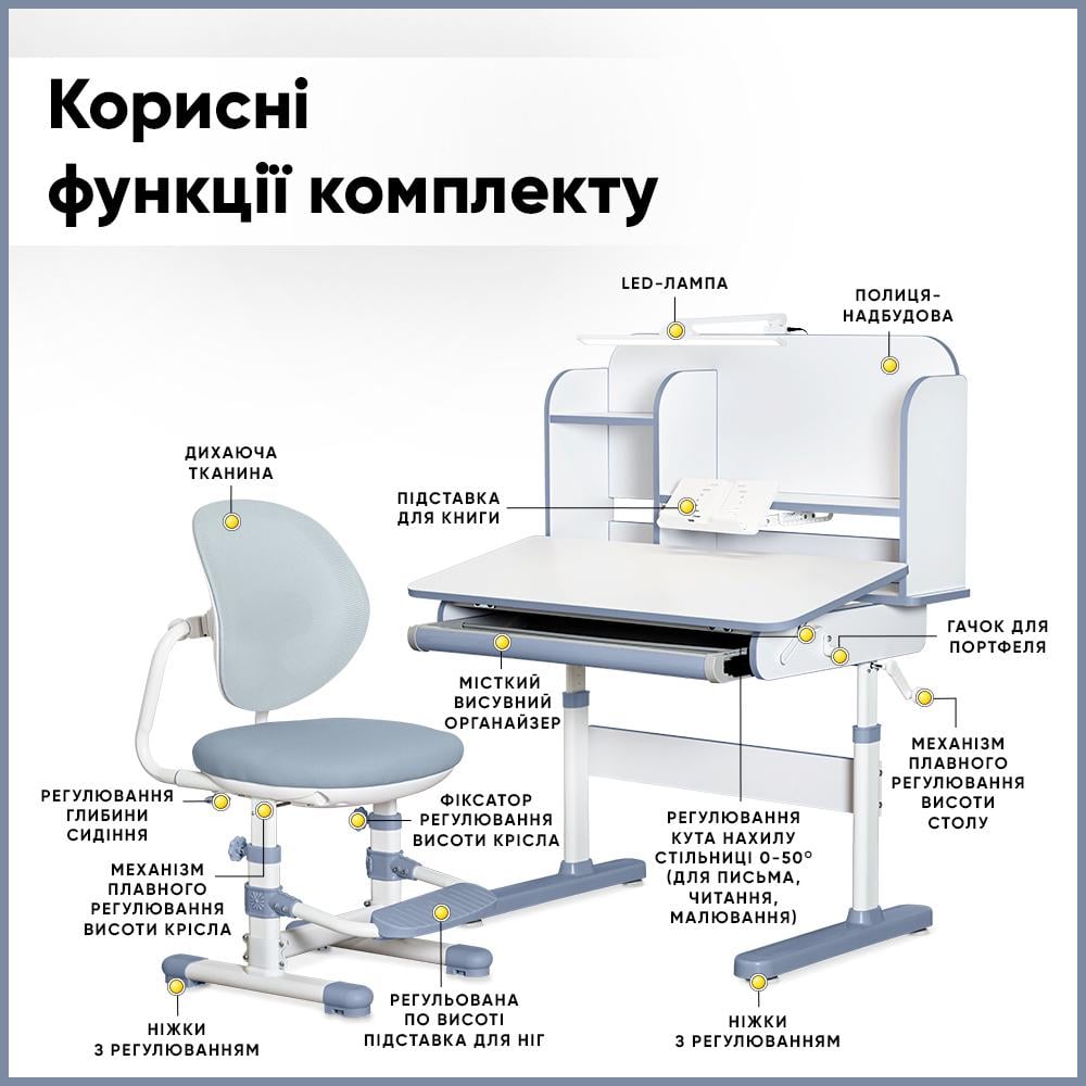 Парта дитяча шкільна Mealux Nemo з кріслом та лампою XL Синій (BD-39 BL) - фото 2