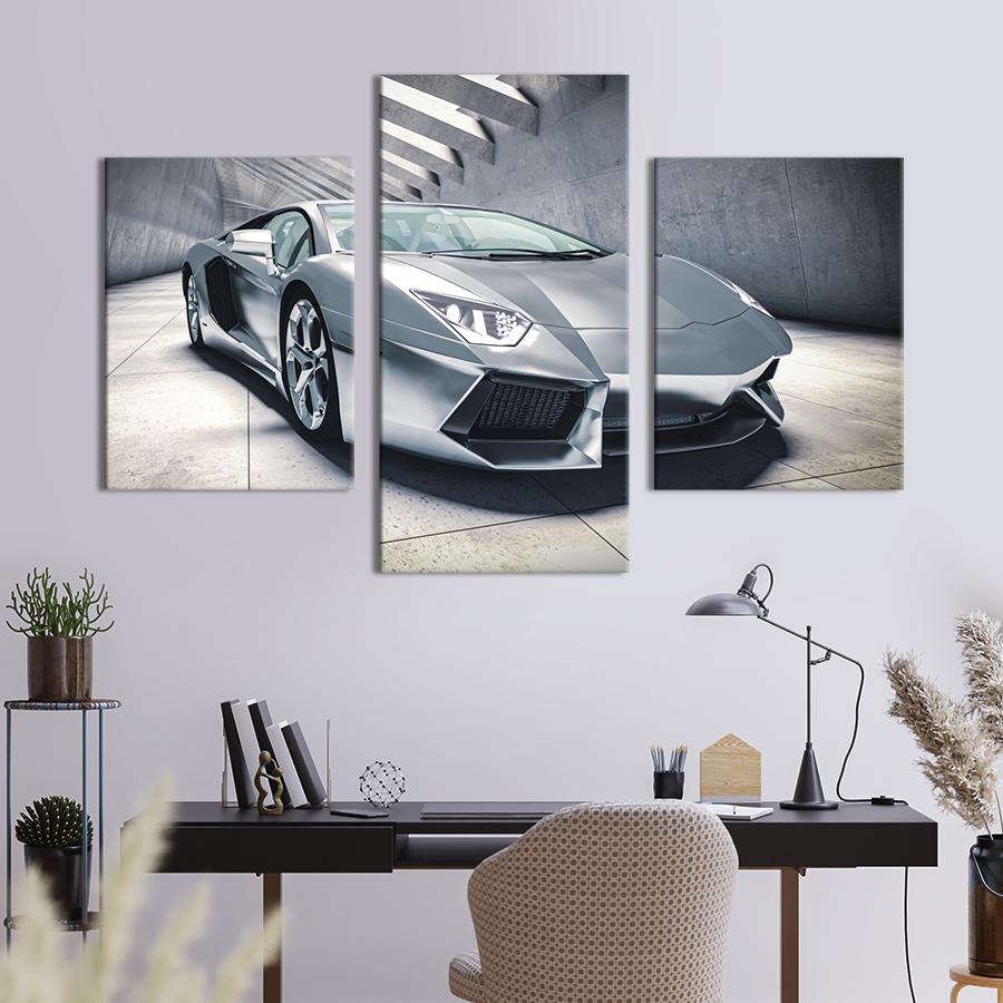 Картина на холсте триптих Серебристый футуристический автомобиль 96x60 см (1286-32)
