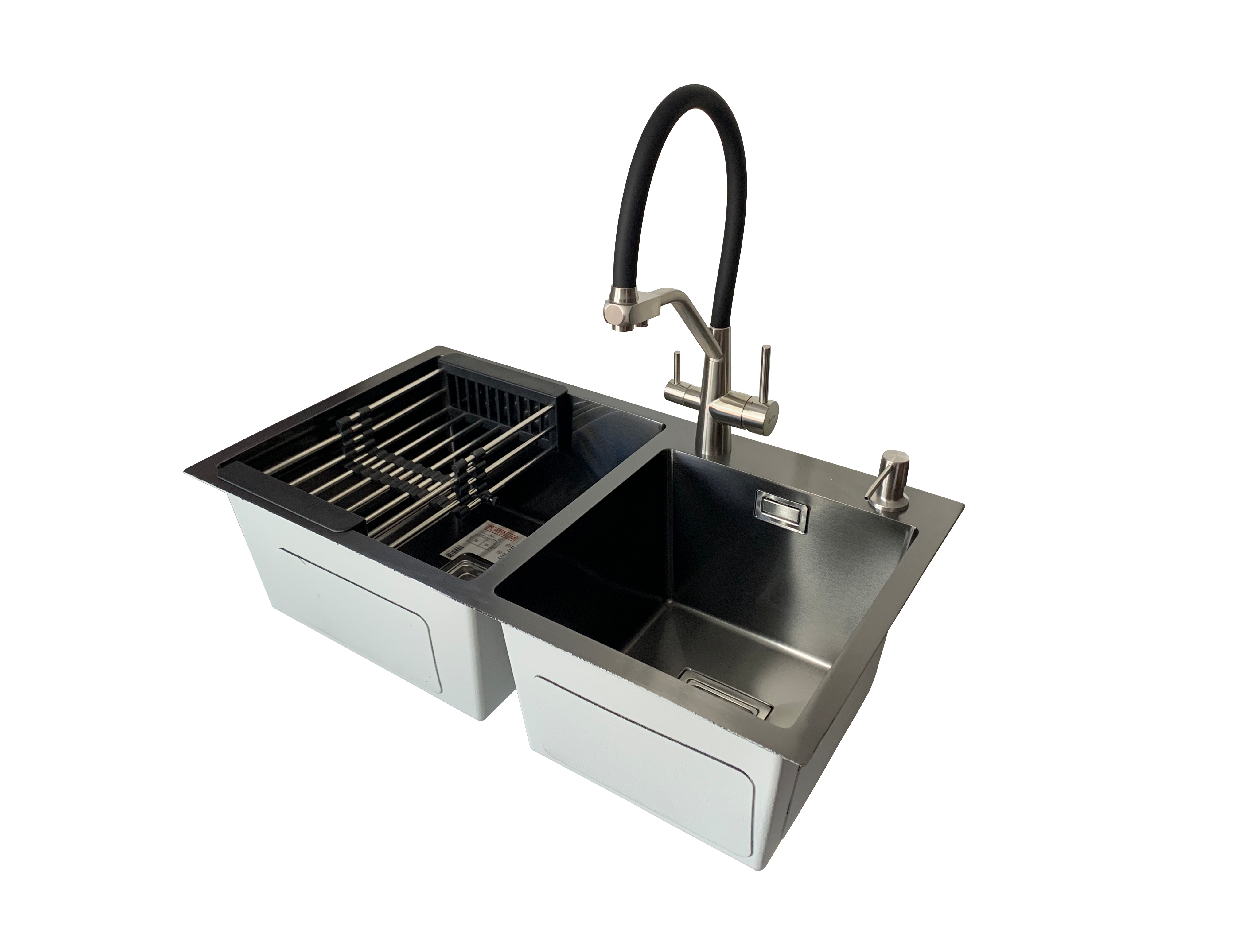 Мойка кухонная Platinum Handmade 78x43 см PVD/две чаши/смеситель/подключение к фильтру/дозатор/корзинка Черный (229ad989) Мойка кухонная Platinum Handmade 78x43 см PVD/две чаши/смеситель/подключение к фильтру/дозатор/корзинка Черный (229ad989)