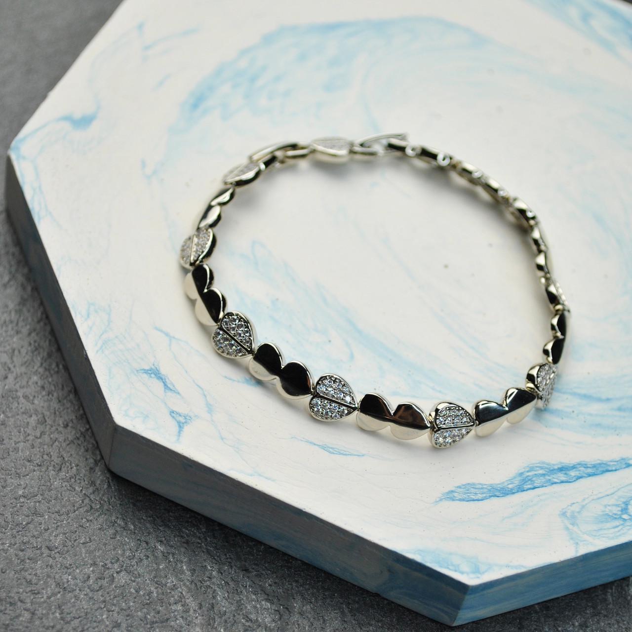 Браслет Сердца с фианитами медицинская сталь родий (x076)