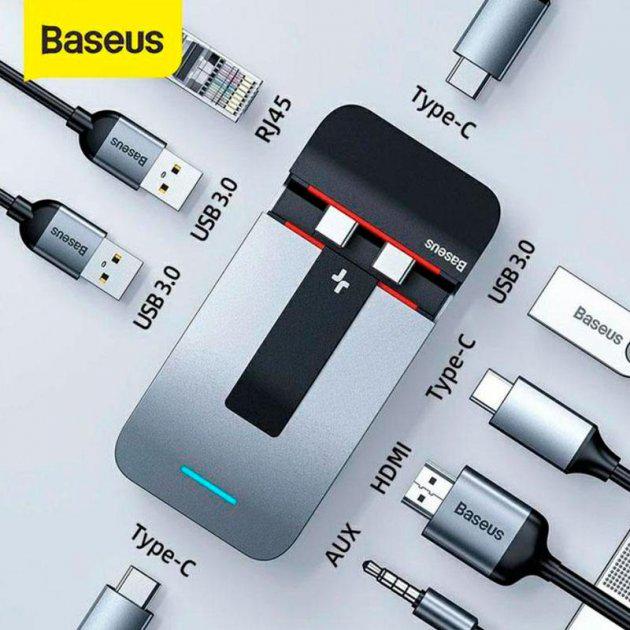 HUB адаптер Baseus Armor Age Type-C Bracket Multifunctional 3USB Type-C RG45 96 Вт Grey - фото 4