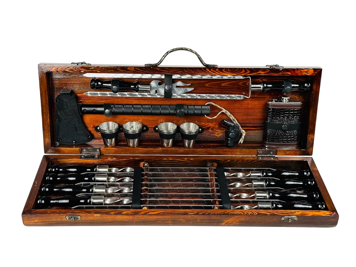 Набор шампуров ручной работы Блэк LUX с аксессуарами 21 предмет в кейсе 75х24х10 см Коричневый (124-10-KS-7909)