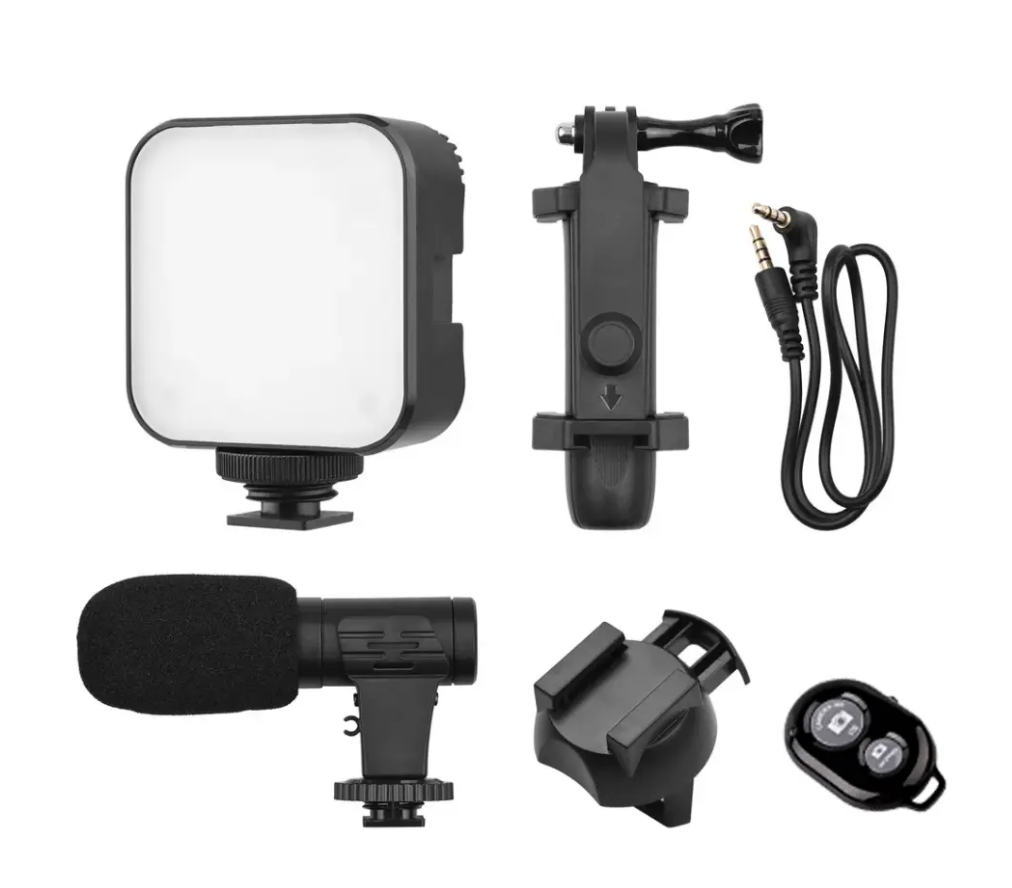 Набор блоггера комплект 4в1 штатив-тринога LED лампа держатель для телефона и микрофона (Е500128)