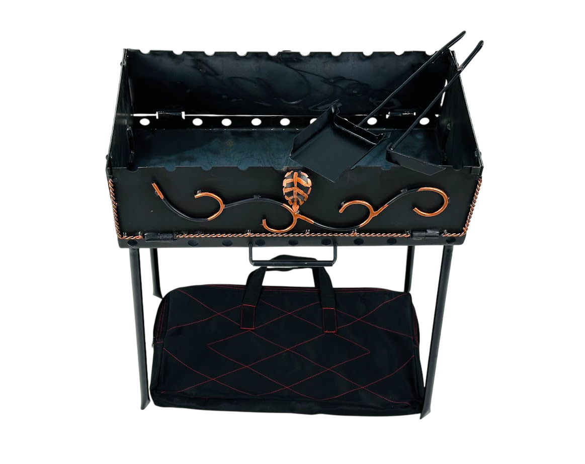 Раскладной мангал-чемодан из стали 2 мм кованый на 10 шампуров с кочергой и совком в чехле с ручками 52х27х66 см Черный (124-10-MG-5061)