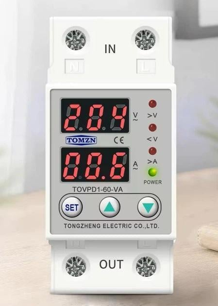 Реле напряжения TOMZN TOVPD1-60-VA 60А 2Р 220 В 230 В электронное с защитой по току и напряжению (2899652955)