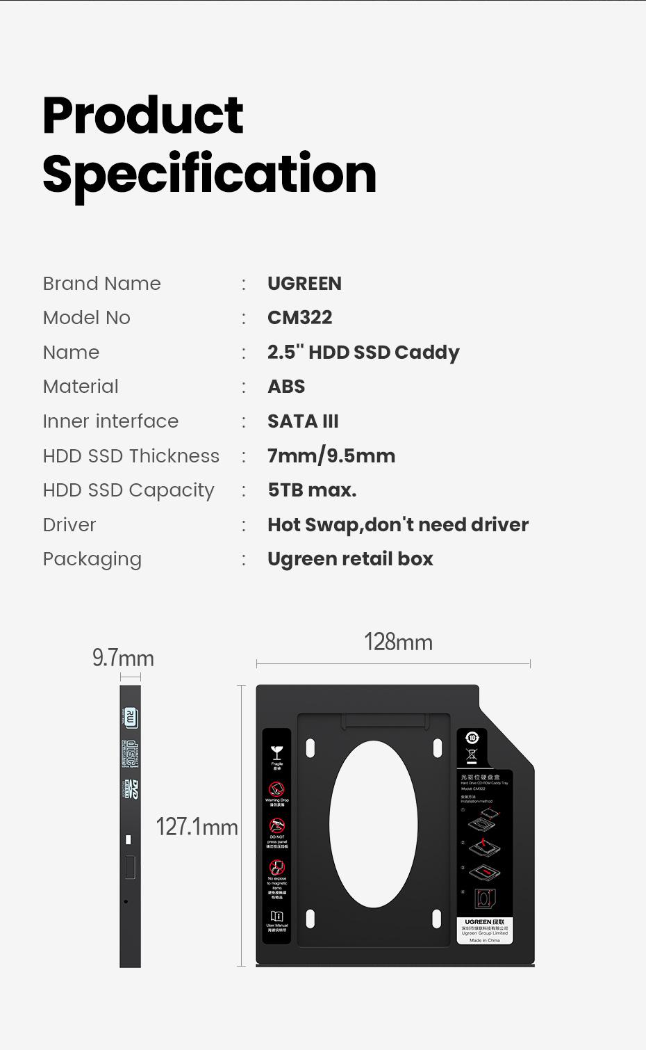 Адаптер UGREEN CM322 9,5 мм для підключення HDD/SSD 2,5" Black (70657) - фото 10