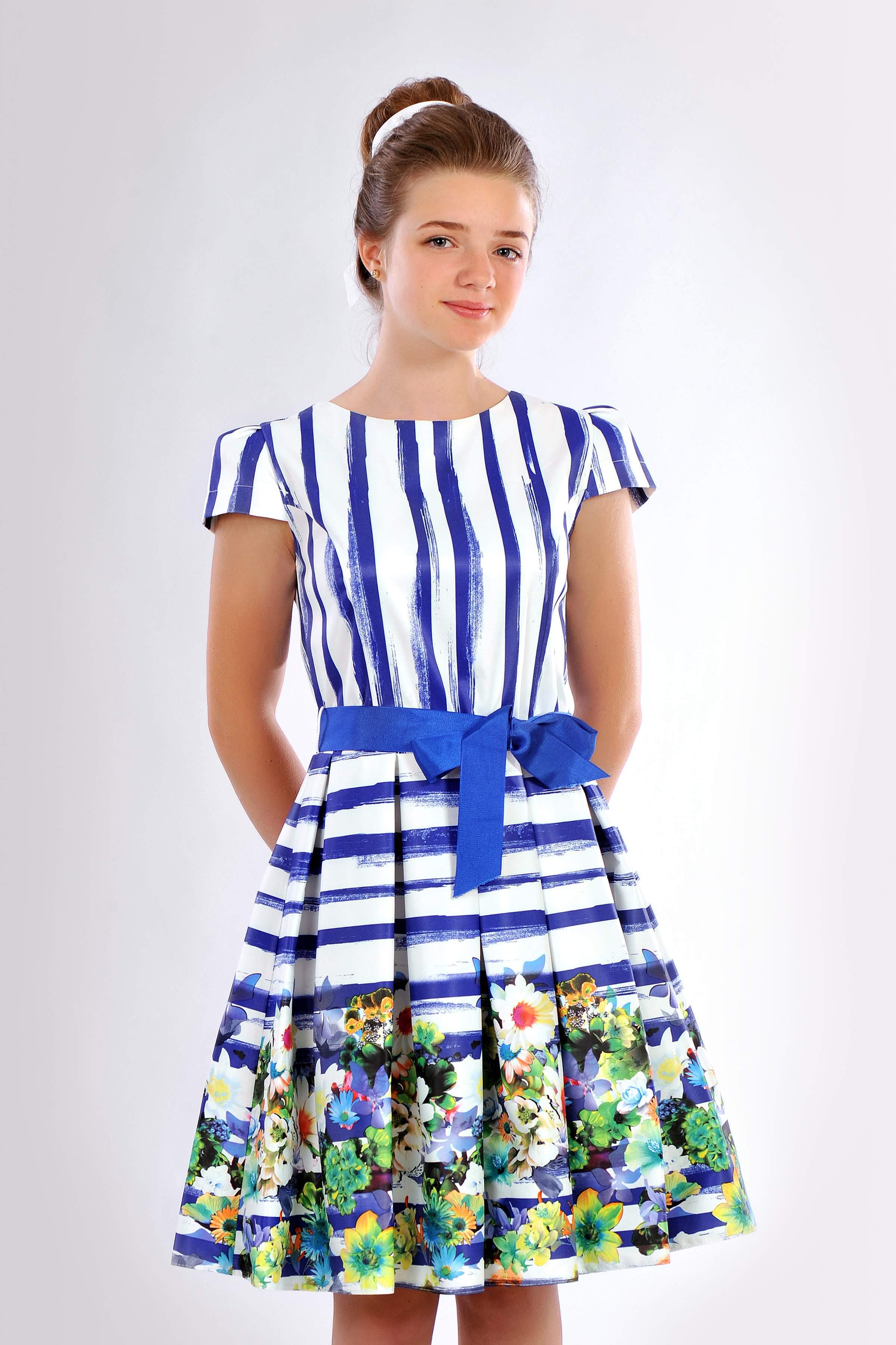 Платье для девочки Diva в полоску и цветочным принтом 158 см Белый/Синий (379)