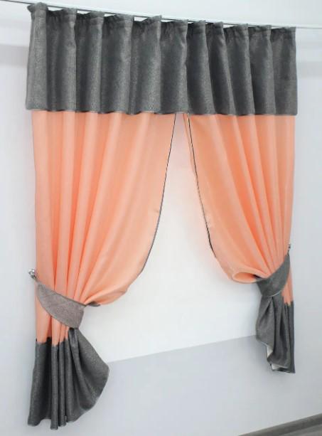 Комплект штор на кухню/балкон с ламбрекеном 270х170 см Персиковый/Серый (073к) - фото 2 Комплект штор на кухню/балкон с ламбрекеном 270х170 см Персиковый/Серый (073к) - фото 2