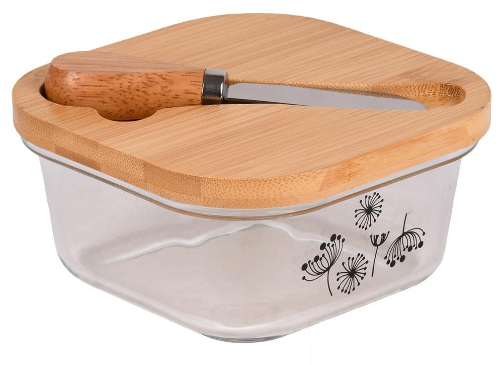 Маслянка скляна Stenson Butter з бамбуковою кришкою та ножем 13×13×6 см (31569)
