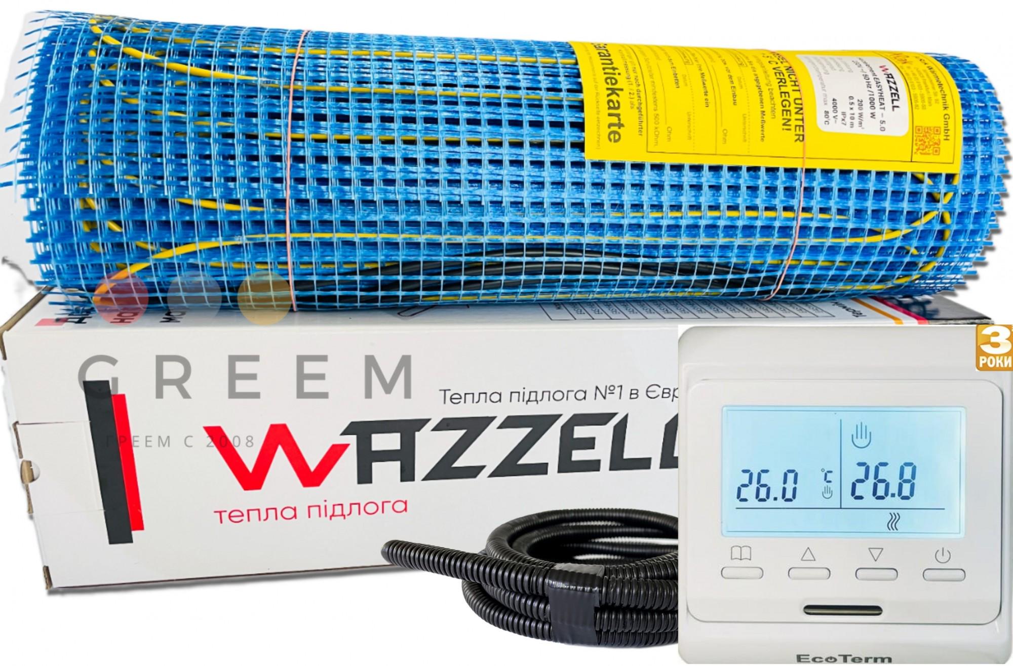 Теплый пол греющий мат под плитку WAZZELL + программируемый термостат 1 м²